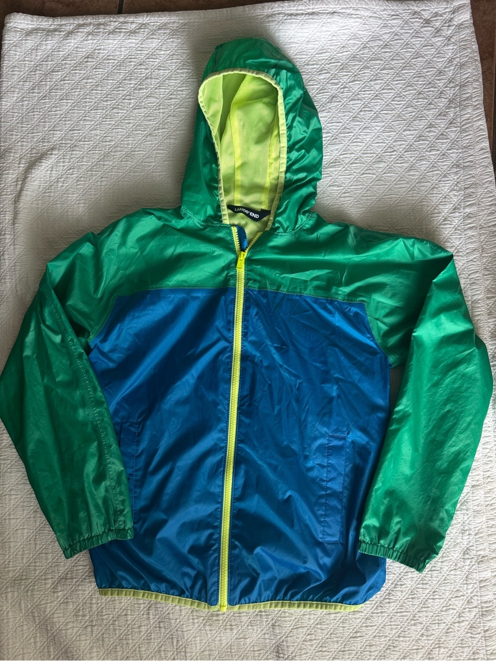 Lands' End Green/Blue Kids Hooded Rain Jacket/Windbreaker w neon yellow zipper M